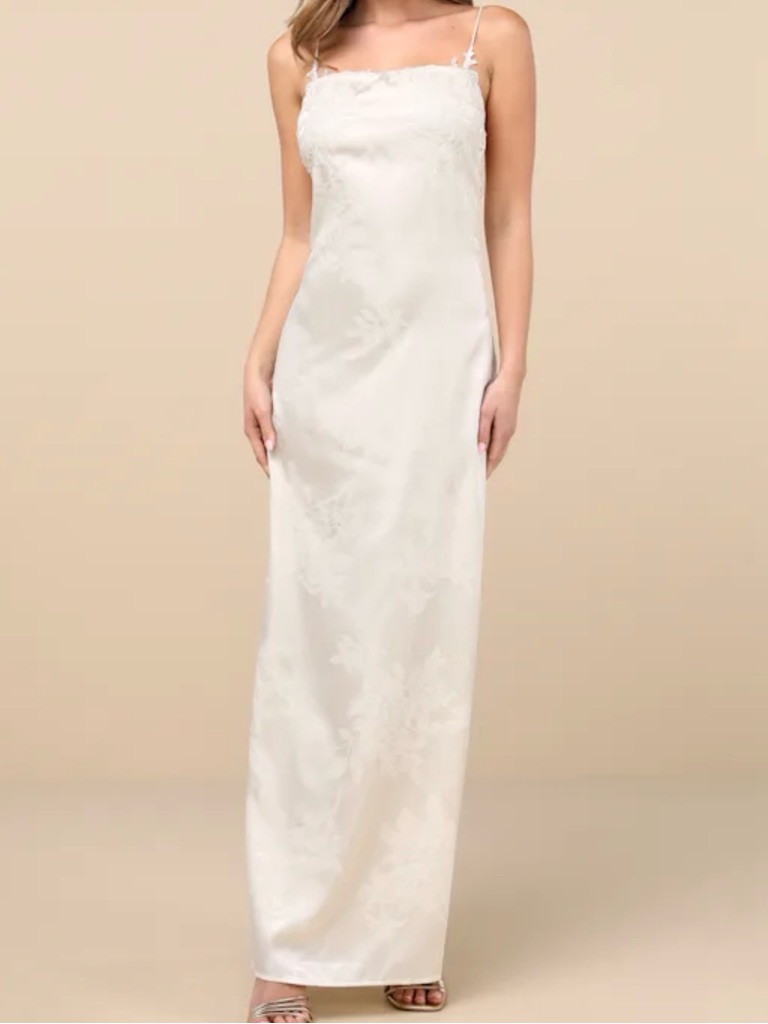 Nwt Lulus Whimsical Radiance Cream Satin Embroidered Maxi Dress